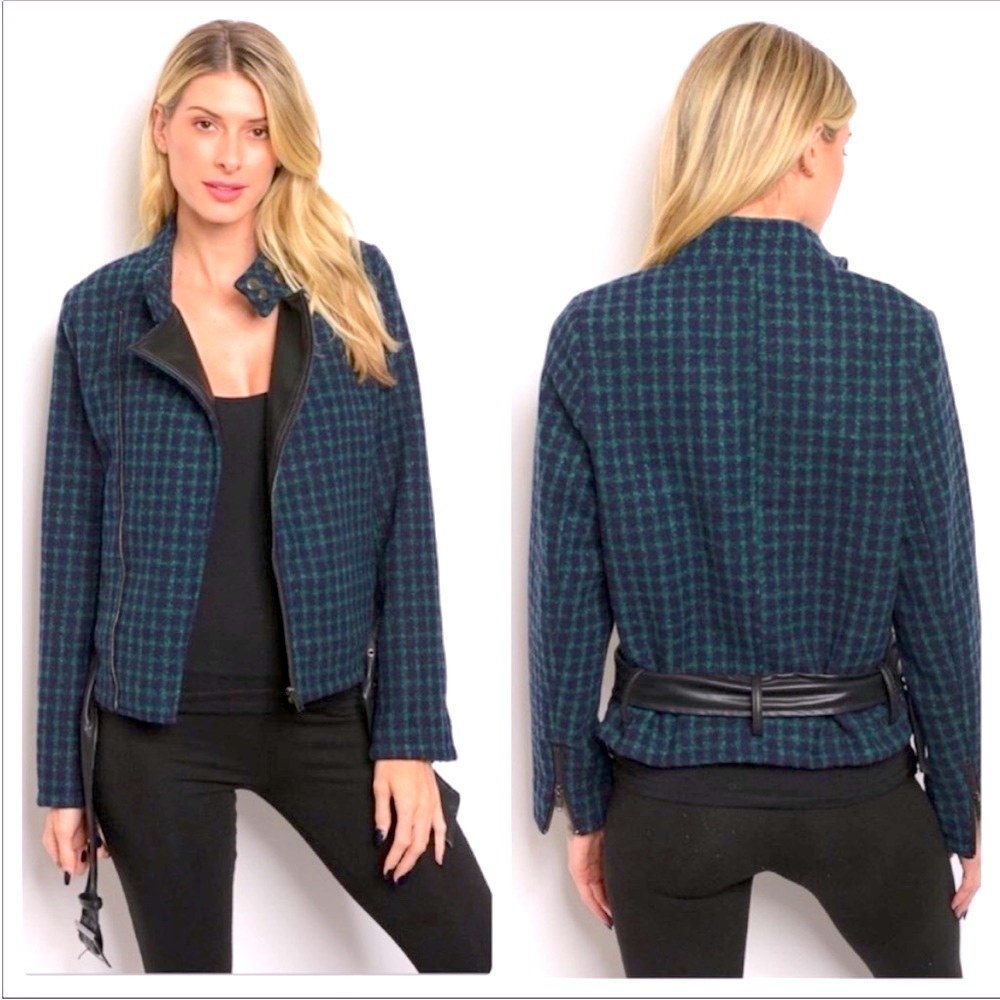 New Boutique Women’s S/M Ivory Rose Green Black Checkered Belted Zip Jacket NWOT